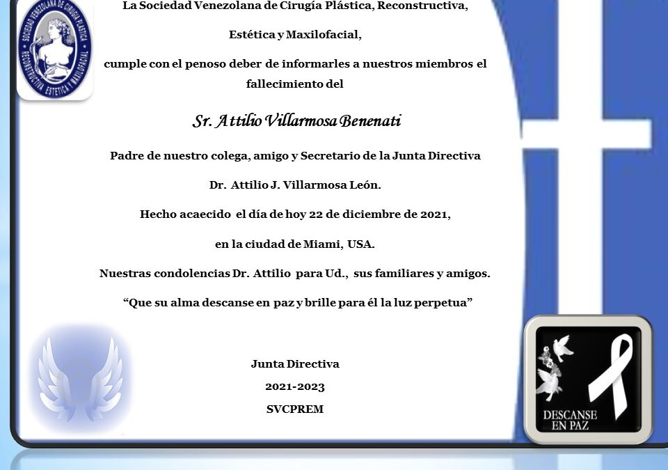Obituario por el fallecimiento del Sr. Attilio Villarmosa Benenati, padre de nuestro colega Dr. Attilio Villarmosa León